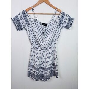 Spiaggia Dolce Romper‎ Cold Shoulder Floral Print Tie Front White Blue Small